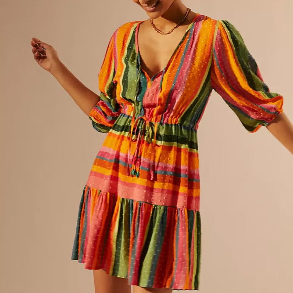 Farm Rio by Anthropologie Medium Colorful Striped Women's Cover Up Dress